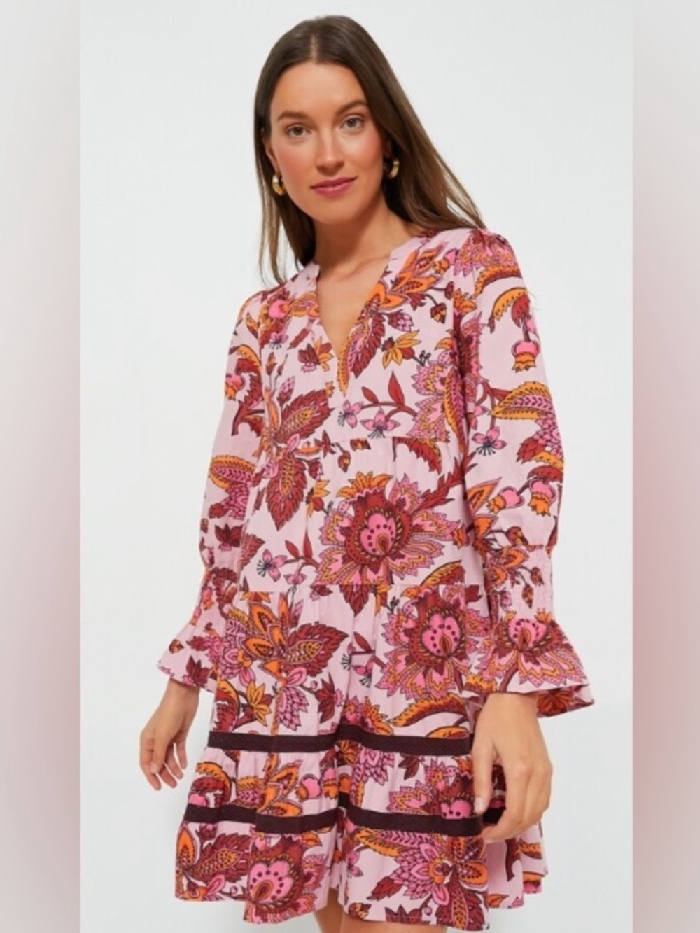 TUCKERNUCK Kenzo Dress Medium Sunset Chintz Pink Paisley Floral Tiered Mini Boho